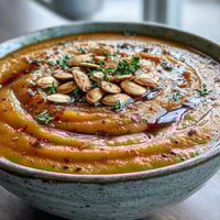 Creamy butternut squash soup in a rustic bowl, garnished with pumpkin seeds and a maple drizzle.