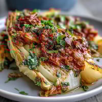 Golden roasted Baked Cabbage Salad With Winter Romesco wedges served on a platter with fresh parsley and lemon wedges.