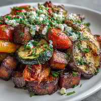 Roasted Mediterranean Greek Vegetables fresh from the oven, featuring caramelized eggplant, zucchini, and peppers on a baking sheet.