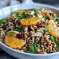 A vibrant Farro Salad Bowl with fennel, juicy orange slices, and toasted almonds, drizzled with vinaigrette on a rustic table.