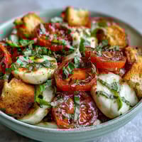 Fresh Caprese Salad Bowl with juicy heirloom tomatoes, mozzarella, basil, and crispy bread, drizzled with balsamic on a rustic platter.