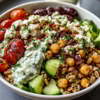 Colorful Mediterranean Farro Bowl topped with feta, parsley, and a creamy tahini drizzle. 