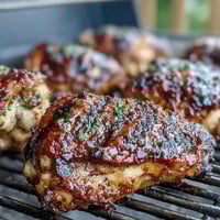 Grilled honey garlic chicken thighs with caramelized glaze and juicy texture on a summer platter.