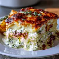 Creamy scalloped potatoes with Gruyere, baked until golden and bubbling with a rich, garlicky cream sauce.