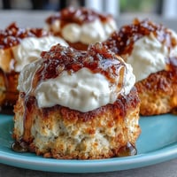 Dandelion honey scones with clotted cream, golden and tender, drizzled with floral honey for a spring brunch treat.