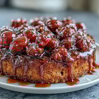 Caramelized cherry almond upside-down cake glistening, a sweet, moist dessert.