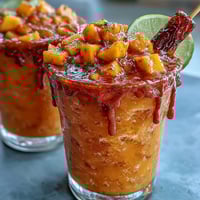 Vibrant Cinco de Mayo Mangonada mocktail with layered chamoy, lime, and spicy Tajín rim.