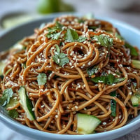 Cold soba noodle salad with sesame ginger dressing, a vibrant and crisp summer side dish.