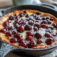 Golden baked Fresh Cherry Clafoutis with plump cherries and vanilla bean custard.